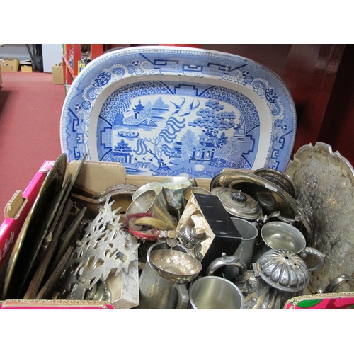 1024 - Tastevin, oval salts, basket, other plated wares, brassware, bellows, Willow pattern mead dish.