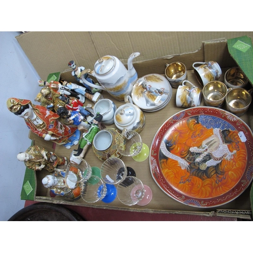 1051 - Oriental, four figurines, Samurai coffee set, plate, six military figures, glasses:- One Box.