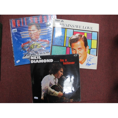 1052 - Autographs LP Records Neil Diamond, Neil Sedaka and Pat Boone, (all unverified). (3).