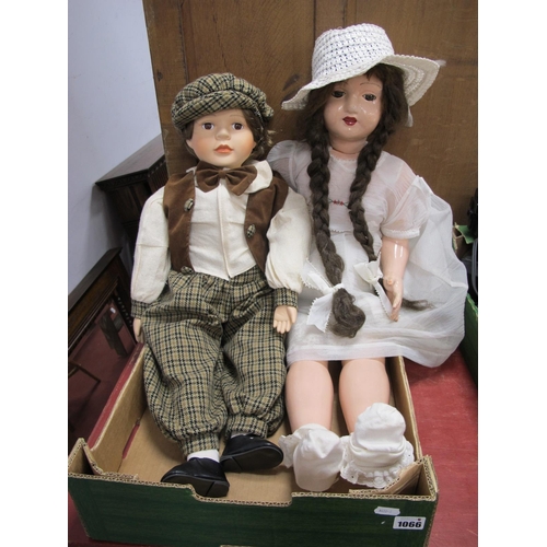 1066 - A Late 1940's Walking Doll, with a plastic face, together with a doll with porcelain head:- One Box.