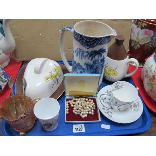 1127 - Carltonware, teapot and butter dish of rounded triangular form, Victoria Jubilee cup and saucer, Bur... 