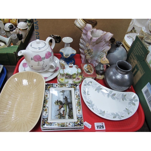 1129 - Poole Globular Vase, Hudson Scottish Rose teapot, Doulton 'Dusty Dogwood', etc:- One Tray.