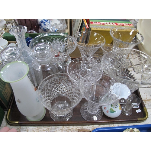 1133 - A Large Decanter and Stopper, 38cm high, vases, opaque painted vase, kitchen jars, etc:- One Tray.