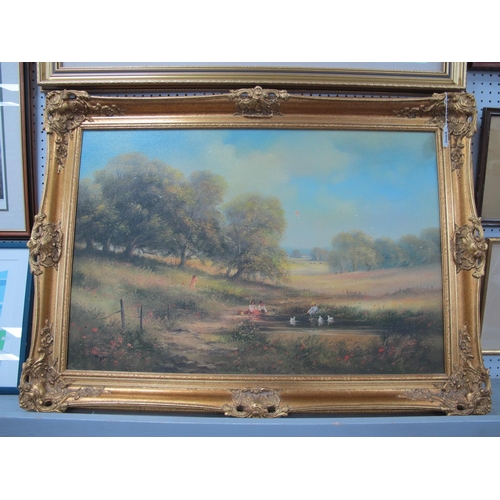 1504 - Dyer, Tranquil Countryside Scene with figures fishing and flying kite, oil on canvas, signed lower l... 