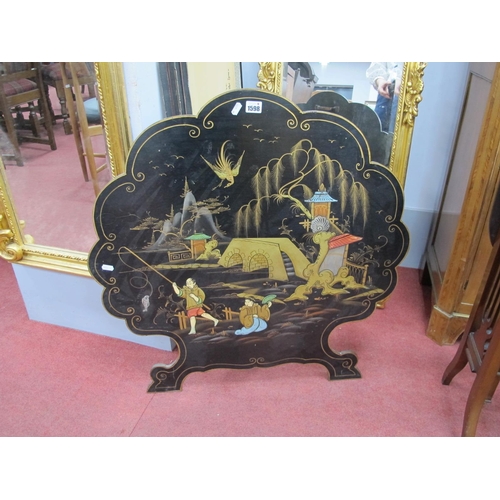 1598 - A Shaped Wooden Fire screen, painted with a Chinoiserie scene