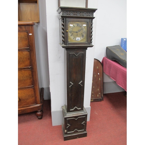 1605 - A 1930's Oak Grandmother Clock, hand with a blind fret, meze, barley twist supports, square dial, wi... 