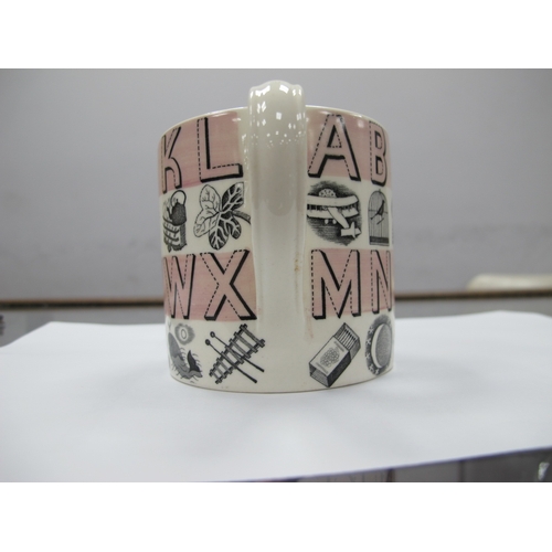 1245 - Eric Ravilious Designed Wedgwood Pottery Mug, printed with alphabet on pink bands, (chip under base ... 