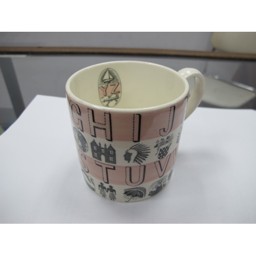 1245 - Eric Ravilious Designed Wedgwood Pottery Mug, printed with alphabet on pink bands, (chip under base ... 