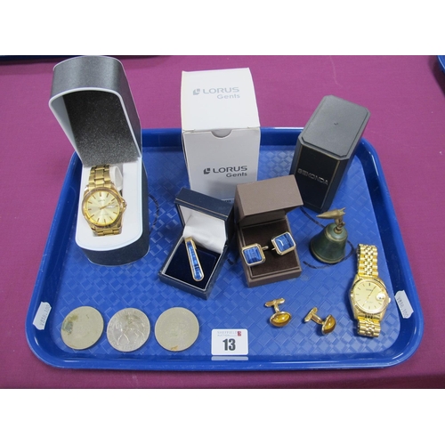 13 - Lorus and Sekonda Modern Gold Plated Gent's Wristwatches, (boxed); tiger's eye and other cufflinks, ... 