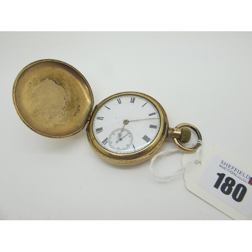 180 - A Gold Plated Cased Hunter Pocketwatch, the unsigned circular white dial with Roman numerals and sec... 