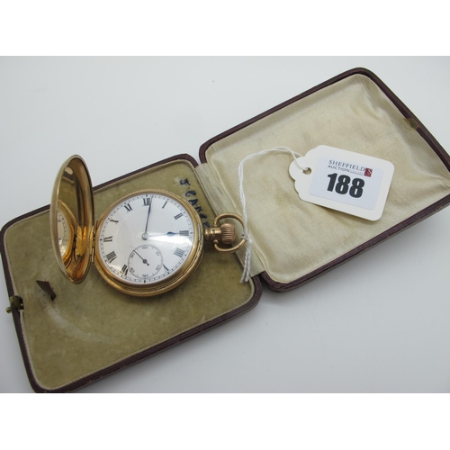 188 - A 9ct Gold Cased Hunter Pocket Watch, the white dial with black Roman numerals and seconds subsidiar... 