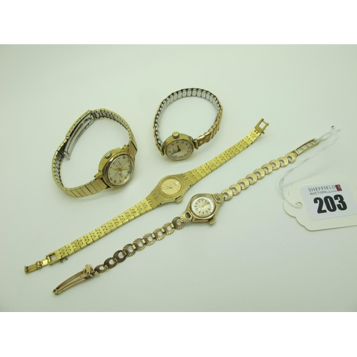 203 - A 9ct Gold Accurist Ladies Wristwatch, the signed dial with line markers and Arabic numerals, to int... 