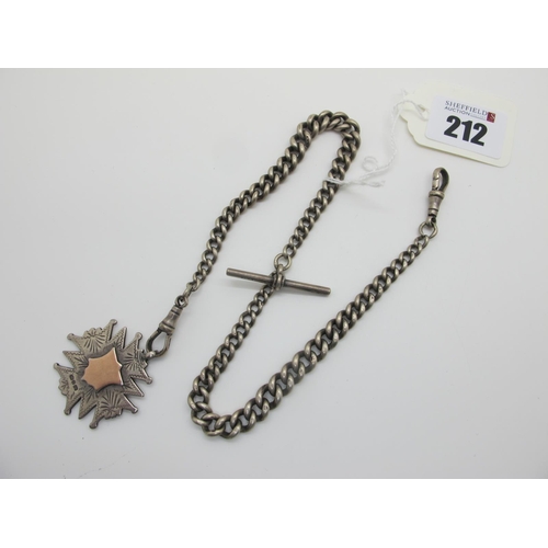 212 - A Curb Link Double Albert Chain, suspending T-bar and hallmarked silver medallion pendant.