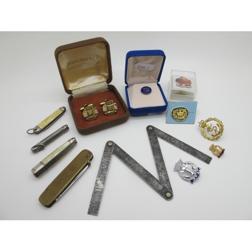 219 - A Collection of Assorted Cufflinks, small folding pocket knives, Rabone folding ruler, pin and other... 
