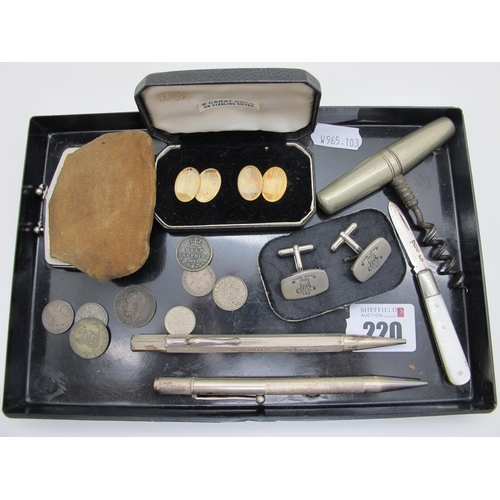 220 - Vintage and Later Cufflinks, folding corkscrew, small hallmarked silver and mother of pearl folding ... 
