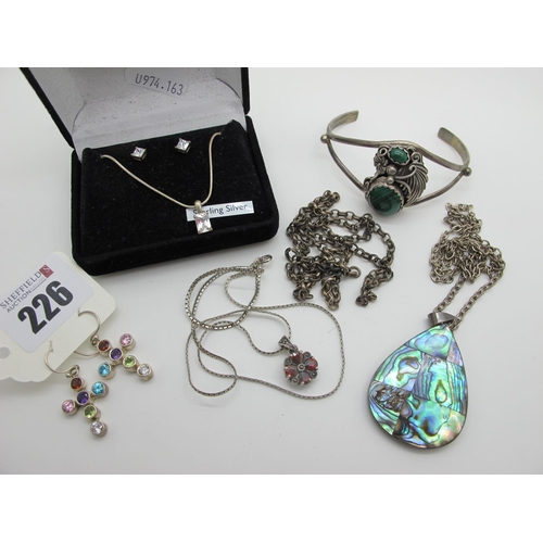 226 - A Malachite Inset Bangle, of openwork design, together with a shell pendant, a marcasite set pendant... 