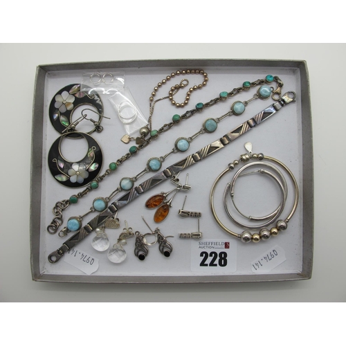 228 - 925 and Other Earrings, a geometric link panel bracelet, hardstone inset bracelets, shell inset earr... 