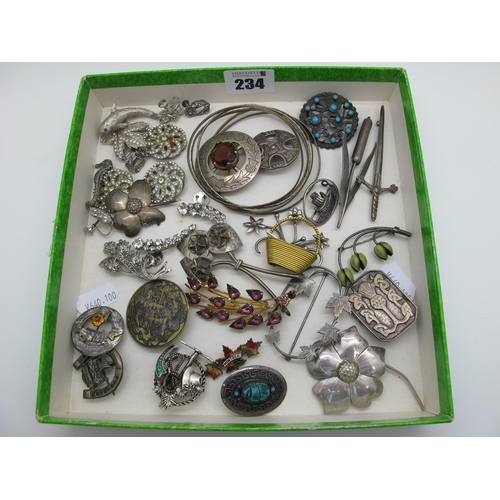 234 - A Collection of Assorted Brooches, including Modernist style, Celtic style, enamel, Scottish hallmar... 