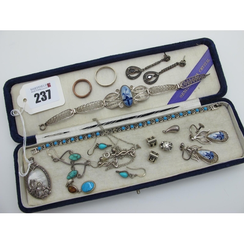 237 - Blue and White Delft Filigree Bracelet, together with pair of Delft filigree drop earrings, a modern... 