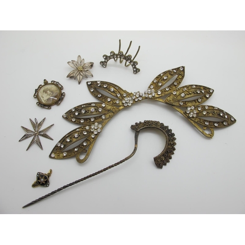 239 - Antique Circular Locket Pendant, filigree flowerhead brooch, Maltese Cross pendant, hair ornament (d... 