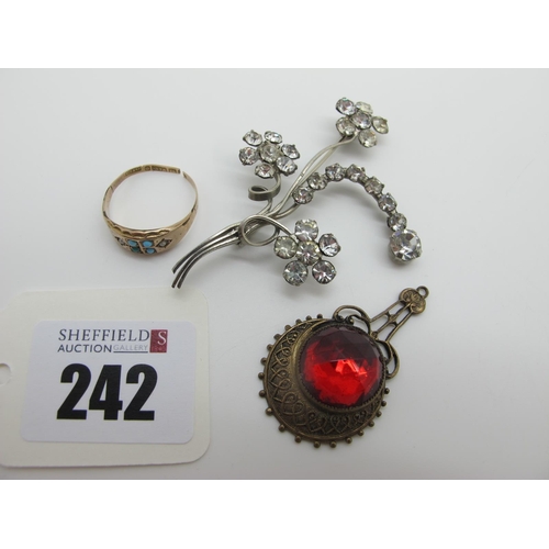 242 - A Vintage 9ct Gold Ring, (shank cut); a Victorian style drop pendant, a costume brooch.