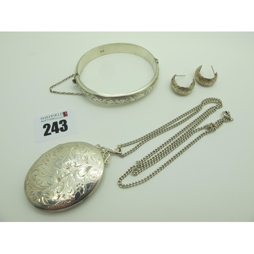 243 - A Large Hallmarked Silver Oval Locket Pendant, of foliate design, on flat curb link chain, a hallmar... 