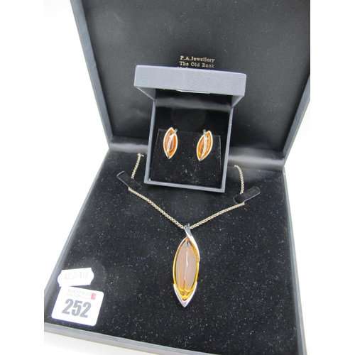 252 - A Pair of Modern Hallmarked Silver Amber Coloured Earrings, together with similar style pendant, on ... 