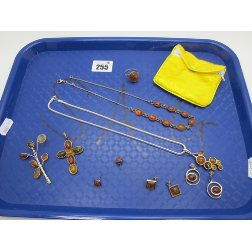 255 - Modern Amber Jewellery, including a dress ring, pendants, earrings etc.