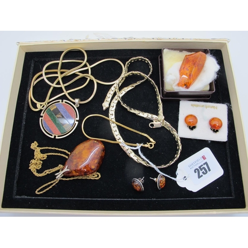 257 - A Modern 9ct Gold Bracelet, together with modern amber, a goldstone and tiger's eye inset medallion ... 