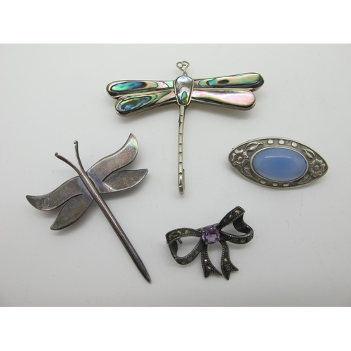 264 - Alpaca Mexico Shell Inset Dragonfly Brooch, together with a hallmarked silver dragonfly brooch, an A... 
