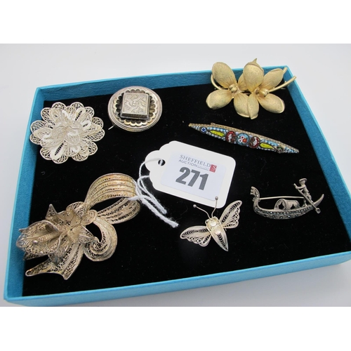 271 - A Victorian Circular Panel Brooch, together with a micromosaic bar brooch, a marcasite set gondola b... 