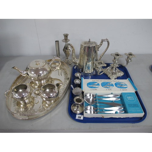 28 - A Plated Three Piece Tea Set, a XIX Century plated coffee pot, decorative oval gallery style tray wi... 