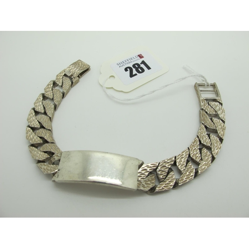 281 - A Hallmarked Silver Solid Flat Curb Link Gent's Bracelet, of textured and polished finish.