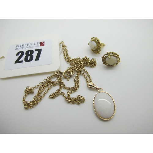 287 - A Modern Single Stone Opal Pendant, on a 9ct gold chain; together with a pair of modern single stone... 