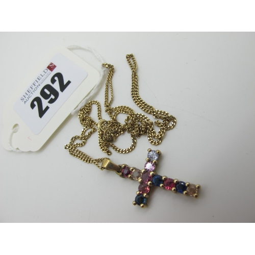 292 - A Modern Gems TV 9ct Gold Cross Pendant, claw set, on a 9ct gold chain (5grams).