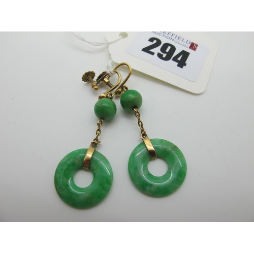 294 - A Pair of c. Early XX Century Green Jade Drop Earrings, each on unpierced screw fitting.  *Safeguard... 