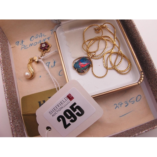 295 - A 1980's Opal Triplet Single Stone Pendant, claw set, on a fine chain stamped 