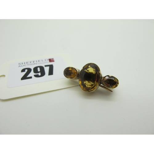297 - A Three Stone Citrine Brooch, oval collet set (on later brooch fitting stamped 