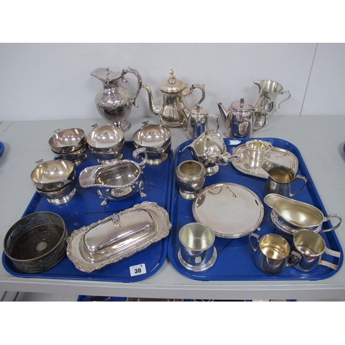 30 - Assorted Plated Ware, including tea wares, sugar scuttle, lidded jug, sundae dishes, bottle coaster,... 