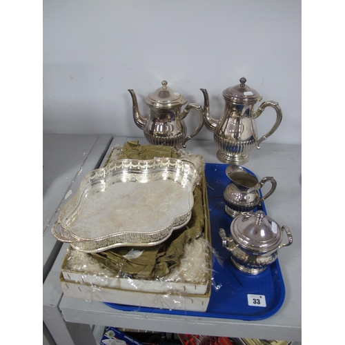 33 - A Plated Four Piece Tea Set, each of semi reeded form, together with a decorative 1970's Viners 'Chi... 