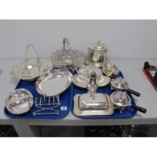 49 - Highly Decorative Plated Swing Handled Dishes, sauce boat, offering dish, sugar caster, biscuit box,... 