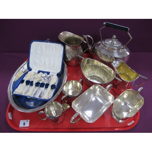 5 - Plated Tea Wares, cased set of plated teaspoons, planished jug etc :- One Tray