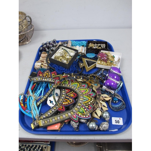 50 - Assorted Modern Costume Jewellery, including bead necklaces, brooches, bracelets etc :- One Tray