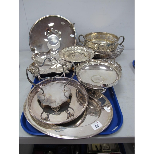 51 - Assorted Plated Dishes, Spanish leaf dish, decorative Walker & Hall plated stand (lacking liner), ba... 