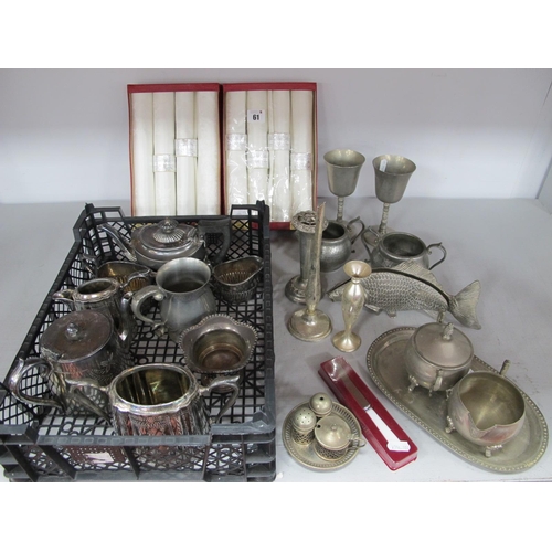 61 - Plated Ware, including bachelor's three piece tea set, further tea ware, novelty fish napkin holder,... 