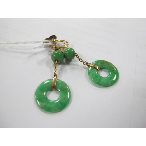 294 - A Pair of c. Early XX Century Green Jade Drop Earrings, each on unpierced screw fitting.  *Safeguard... 