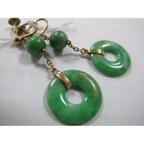 294 - A Pair of c. Early XX Century Green Jade Drop Earrings, each on unpierced screw fitting.  *Safeguard... 
