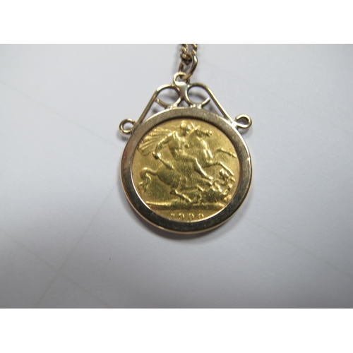 330 - A 9ct Gold Fine Flat Link Curb Chain, 62cm long, suspending a Victoria half Sovereign 1900, loose(?)... 