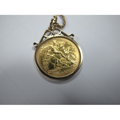 331 - An Elizabeth II Half Sovereign, 1982, loose set within 9ct gold pendant mount, on a 9ct gold flat li... 