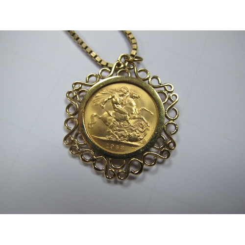 332 - Queen Elizabeth II Sovereign, 1968 (lose/) set within 9ct gold scroll pendant mount, suspended on a ... 